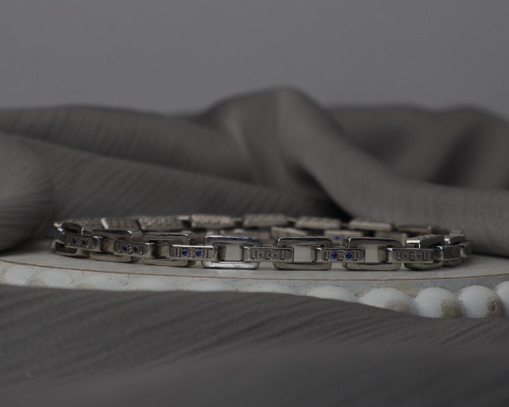 UBU Sterling Silver W/ Blue Stones Men’s Link Bracelet 26.7G / 9in / 5.09mm
